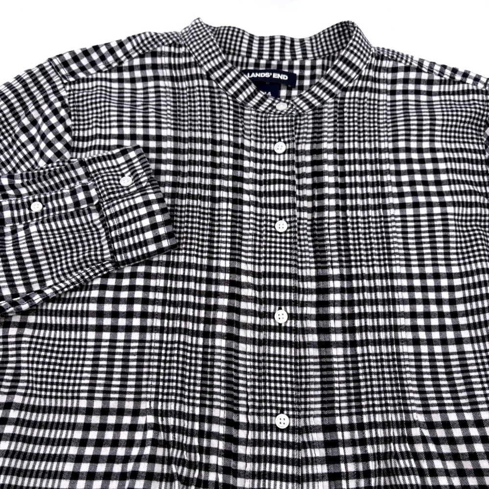 Lands End Womens Black White Gingham Plaid Flannel Tunic Shirt Size 14